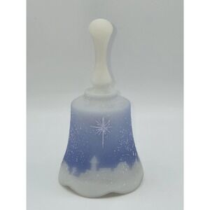 Fenton Hand Painted Winter Music Box Bell Blue Snow Scene Signed S. Stephens 6"